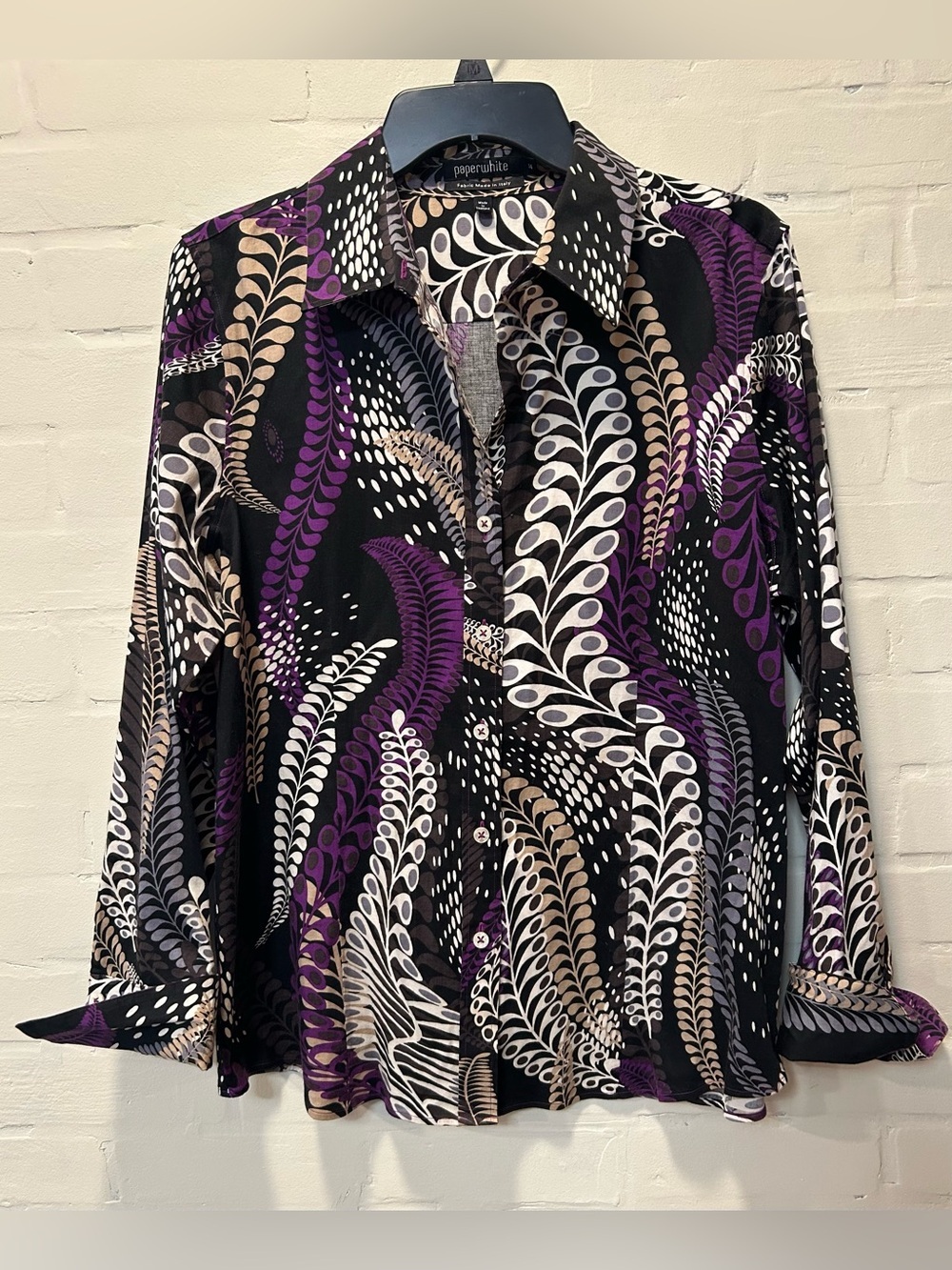 Paperwhite Italian Fabric Stretch Cotton Blouse Abstract Leaf Print Sz 14